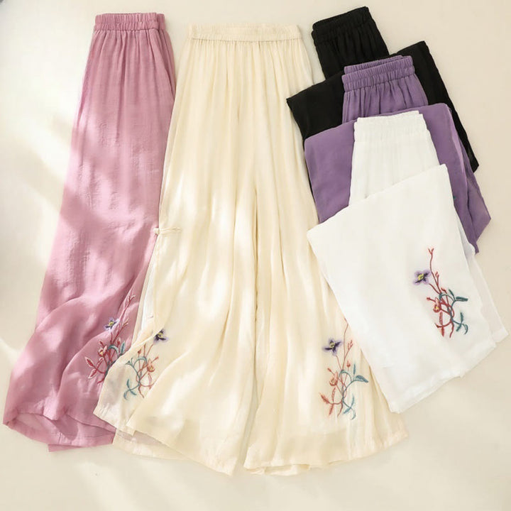 Pantaloni a gamba larga da donna in cotone e lino con bottoni cinesi a doppio strato, ricamo artistico con fiori Buddha Stones