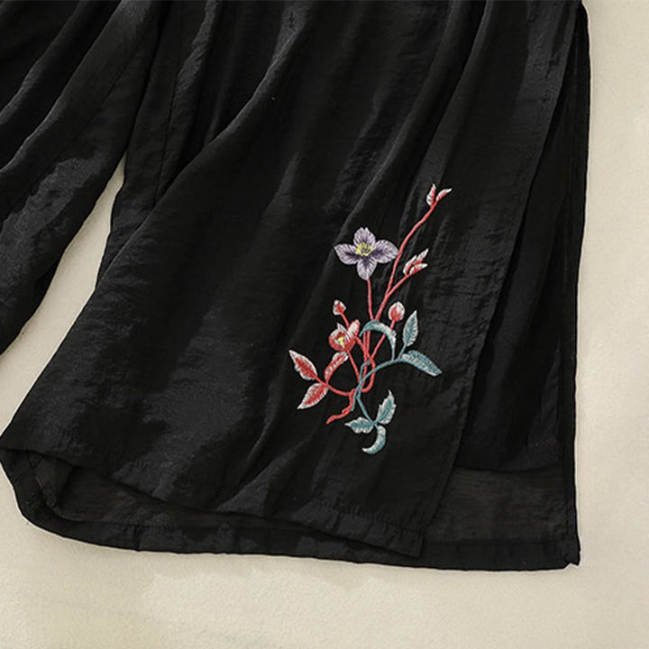 Pantaloni a gamba larga da donna in cotone e lino con bottoni cinesi a doppio strato, ricamo artistico con fiori Buddha Stones
