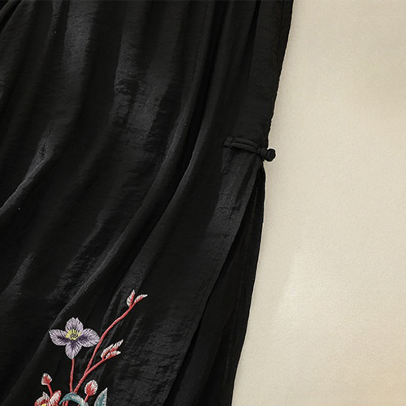 Pantaloni a gamba larga da donna in cotone e lino con bottoni cinesi a doppio strato, ricamo artistico con fiori Buddha Stones