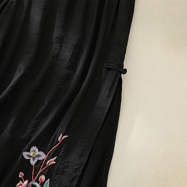 Pantaloni a gamba larga da donna in cotone e lino con bottoni cinesi a doppio strato, ricamo artistico con fiori Buddha Stones