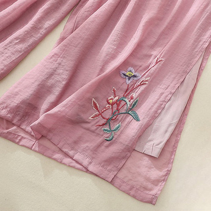 Pantaloni a gamba larga da donna in cotone e lino con bottoni cinesi a doppio strato, ricamo artistico con fiori Buddha Stones