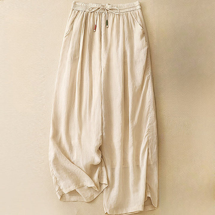 Pantaloni larghi da donna in cotone e lino con coulisse, a doppio strato, in morbido cotone e lino, con tasche, colore puro, Buddha Stones