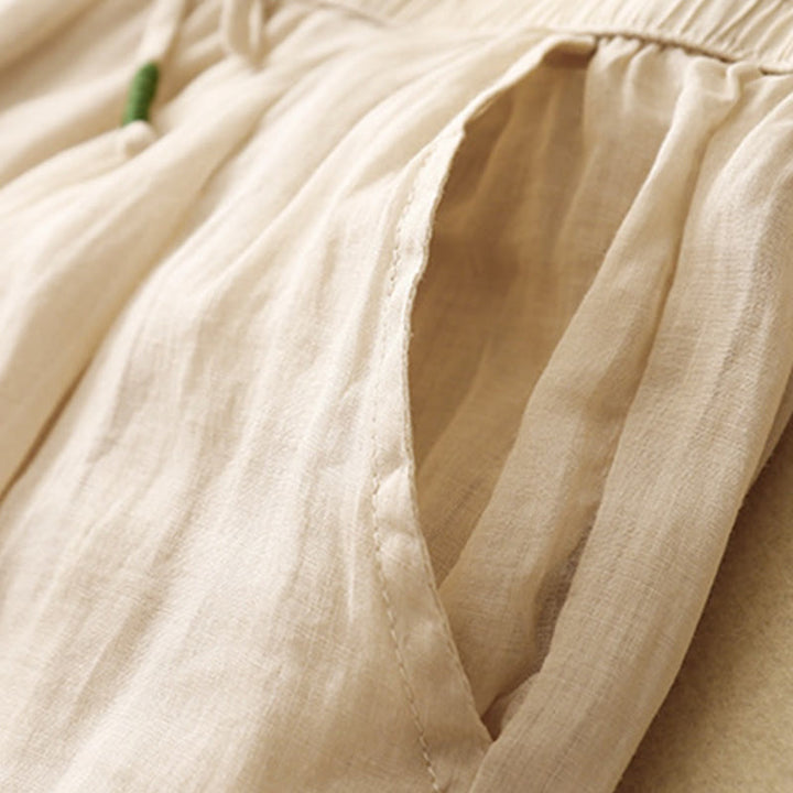 Pantaloni larghi da donna in cotone e lino con coulisse, a doppio strato, in morbido cotone e lino, con tasche, colore puro, Buddha Stones