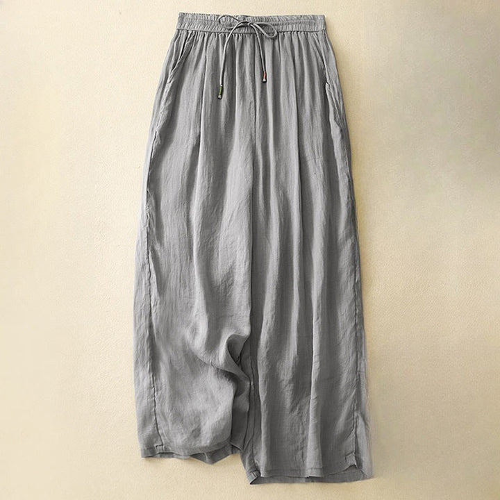 Pantaloni larghi da donna in cotone e lino con coulisse, a doppio strato, in morbido cotone e lino, con tasche, colore puro, Buddha Stones