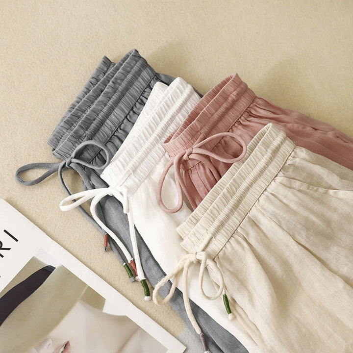 Pantaloni larghi da donna in cotone e lino con coulisse, a doppio strato, in morbido cotone e lino, con tasche, colore puro, Buddha Stones