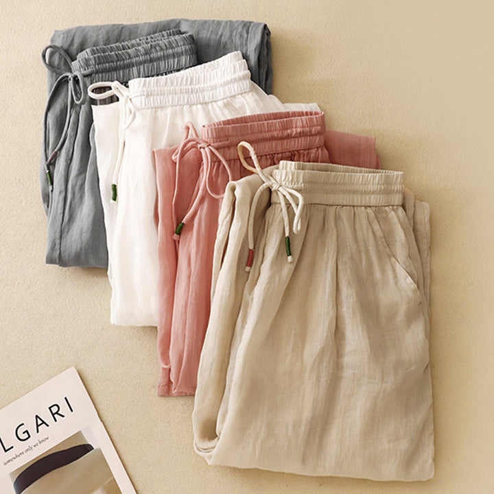 Pantaloni larghi da donna in cotone e lino con coulisse, a doppio strato, in morbido cotone e lino, con tasche, colore puro, Buddha Stones
