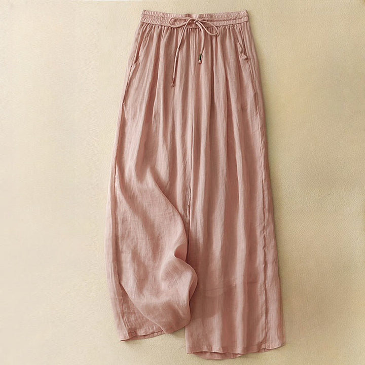 Pantaloni larghi da donna in cotone e lino con coulisse, a doppio strato, in morbido cotone e lino, con tasche, colore puro, Buddha Stones
