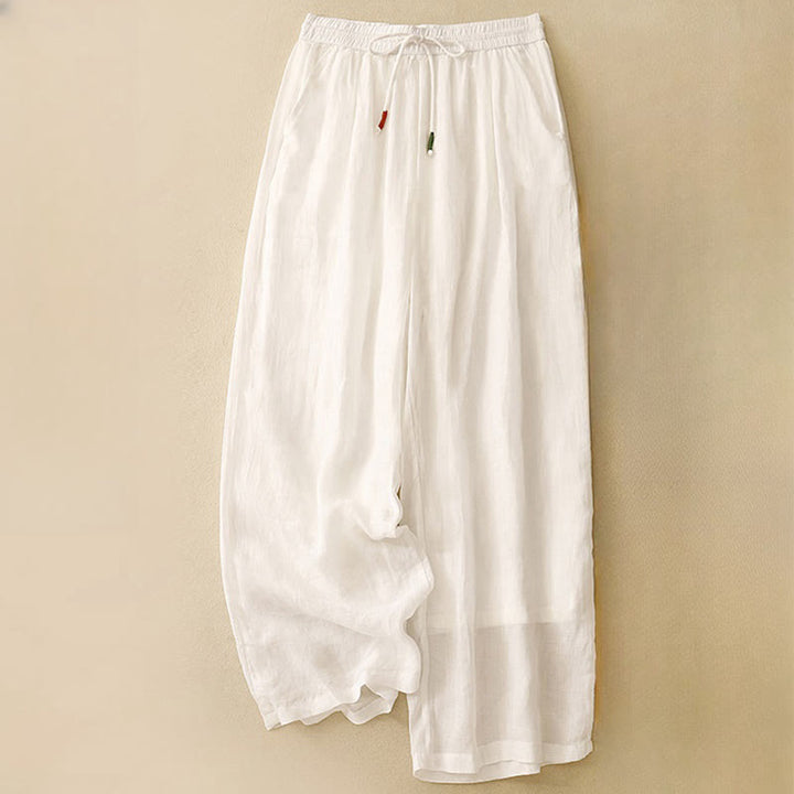 Pantaloni larghi da donna in cotone e lino con coulisse, a doppio strato, in morbido cotone e lino, con tasche, colore puro, Buddha Stones
