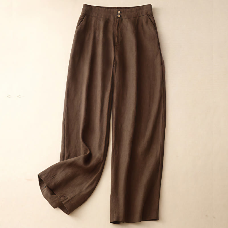 Pantaloni da donna in lino a gamba larga con tasche e design semplice a cerniera, ispirati al modello Buddha Stones, per l'estate. - Marrone sella - US8-10, UK/AU12-14, EU40-42 (2XL) - image 61