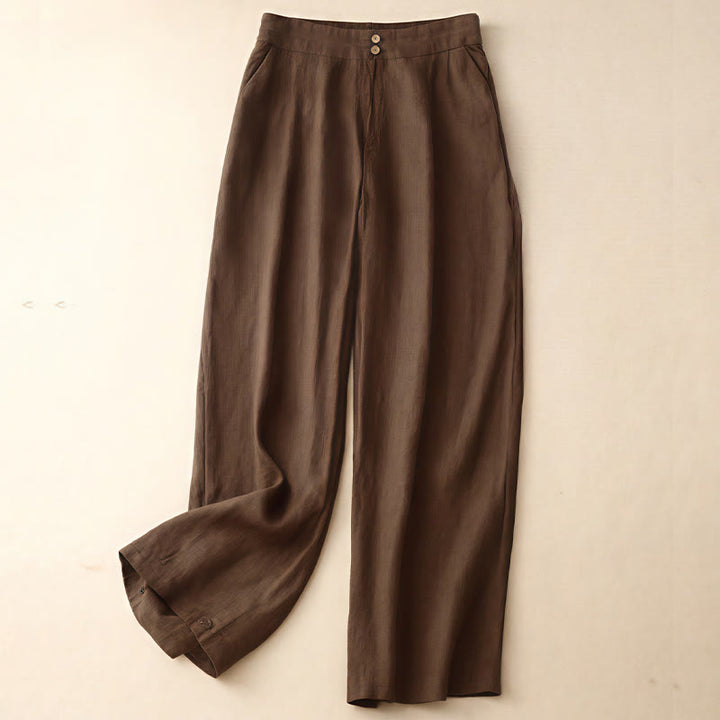 Pantaloni da donna in lino a gamba larga con tasche e design semplice a cerniera, ispirati al modello Buddha Stones, per l'estate. - Marrone sella - US8-10, UK/AU12-14, EU40-42 (2XL) - image 61