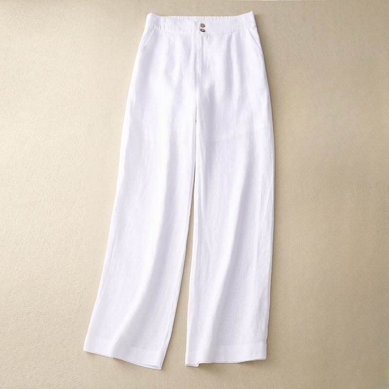 Pantaloni da donna in lino a gamba larga con tasche e design semplice a cerniera, ispirati al modello Buddha Stones, per l'estate. - Bianco - US8-10, UK/AU12-14, EU40-42 (2XL) - image 5