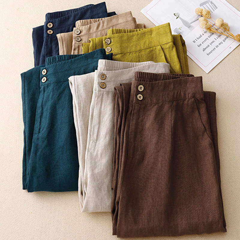 Pantaloni da donna in lino a gamba larga con tasche e design semplice a cerniera, ispirati al modello Buddha Stones, per l'estate. - image 66