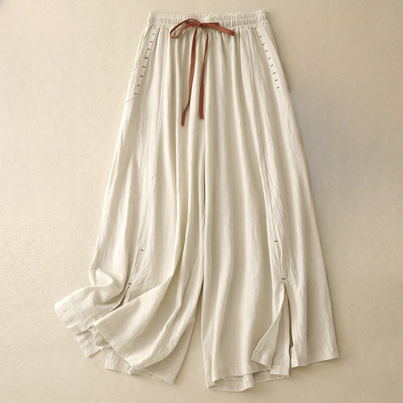 Pantaloni larghi da donna in lino di cotone con coulisse, casual, semplici, con tasche, modello Buddha Stones