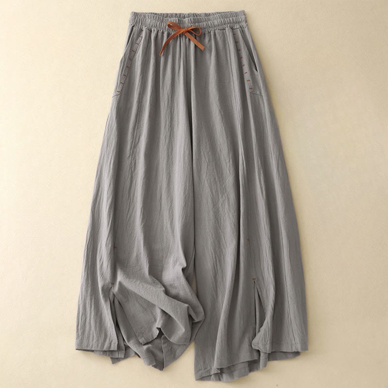 Pantaloni larghi da donna in lino di cotone con coulisse, casual, semplici, con tasche, modello Buddha Stones