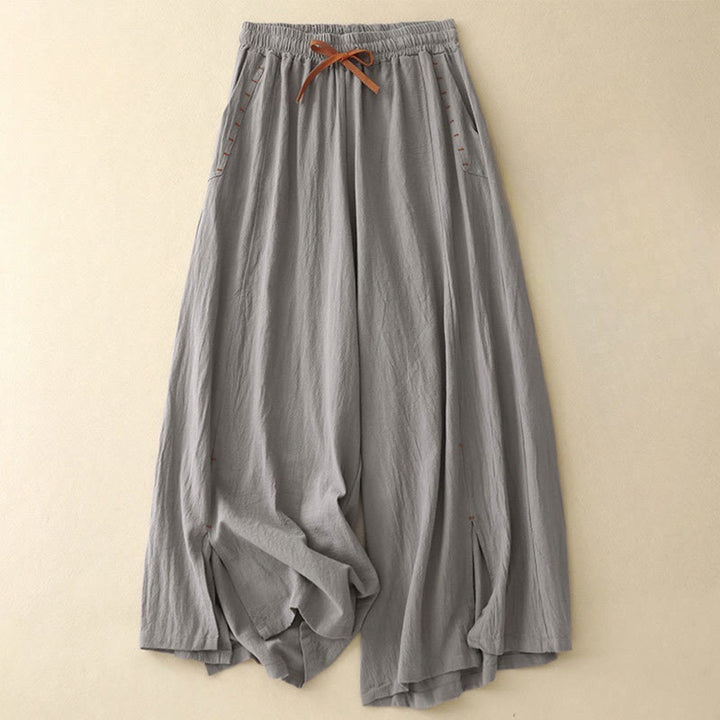 Pantaloni larghi da donna in lino di cotone con coulisse, casual, semplici, con tasche, modello Buddha Stones