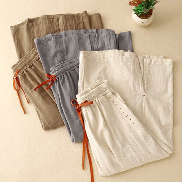 Pantaloni larghi da donna in lino di cotone con coulisse, casual, semplici, con tasche, modello Buddha Stones