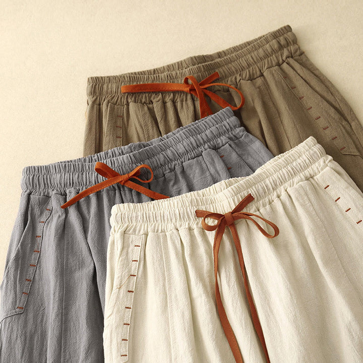 Pantaloni larghi da donna in lino di cotone con coulisse, casual, semplici, con tasche, modello Buddha Stones