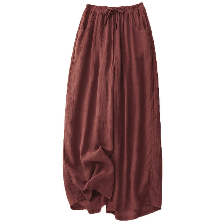 Pantaloni da donna a gamba larga in cotone e lino a doppio strato con coulisse, colore puro, Buddha Stones Spring, con tasche