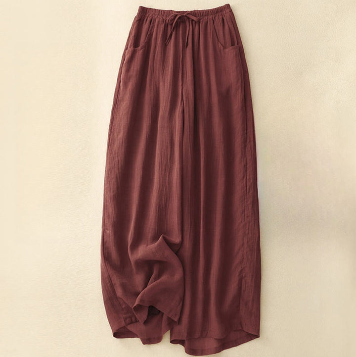 Pantaloni da donna a gamba larga in cotone e lino a doppio strato con coulisse, colore puro, Buddha Stones Spring, con tasche