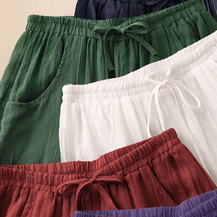 Pantaloni da donna a gamba larga in cotone e lino a doppio strato con coulisse, colore puro, Buddha Stones Spring, con tasche