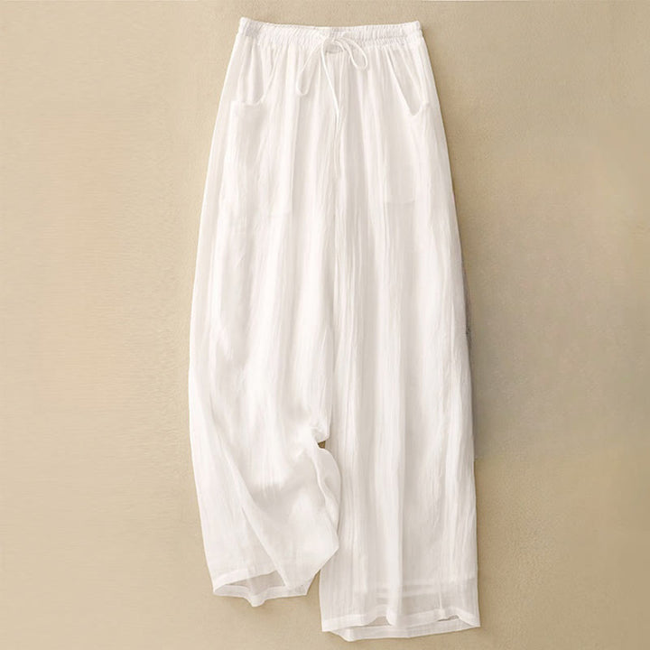 Pantaloni da donna a gamba larga in cotone e lino a doppio strato con coulisse, colore puro, Buddha Stones Spring, con tasche