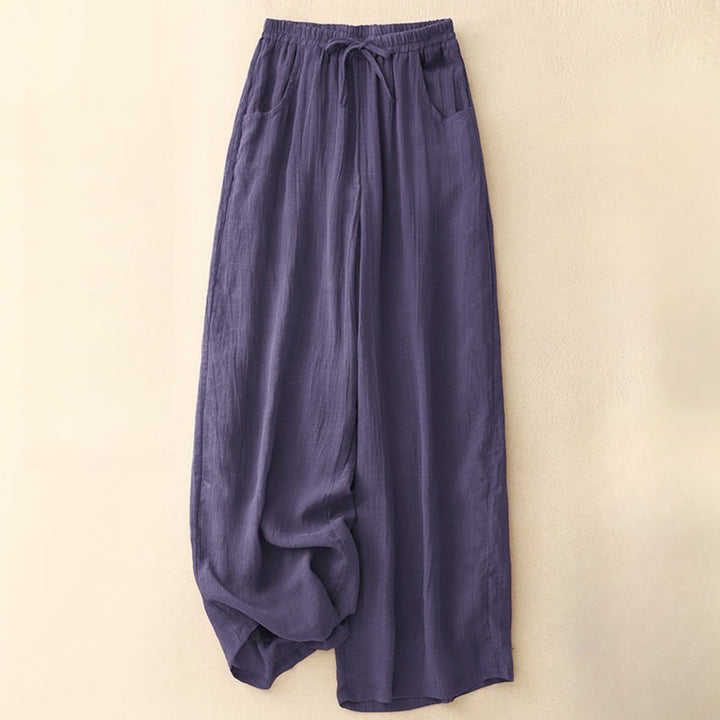 Pantaloni da donna a gamba larga in cotone e lino a doppio strato con coulisse, colore puro, Buddha Stones Spring, con tasche