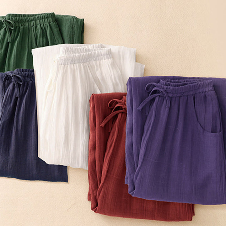 Pantaloni da donna a gamba larga in cotone e lino a doppio strato con coulisse, colore puro, Buddha Stones Spring, con tasche