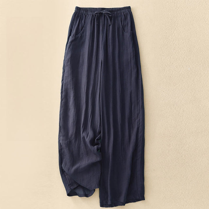 Pantaloni da donna a gamba larga in cotone e lino a doppio strato con coulisse, colore puro, Buddha Stones Spring, con tasche