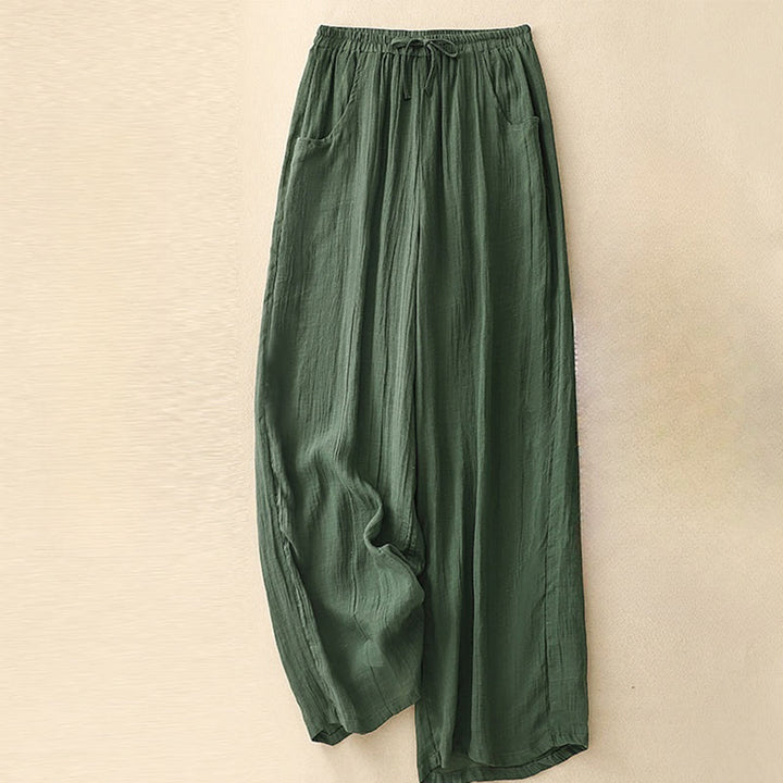 Pantaloni da donna a gamba larga in cotone e lino a doppio strato con coulisse, colore puro, Buddha Stones Spring, con tasche