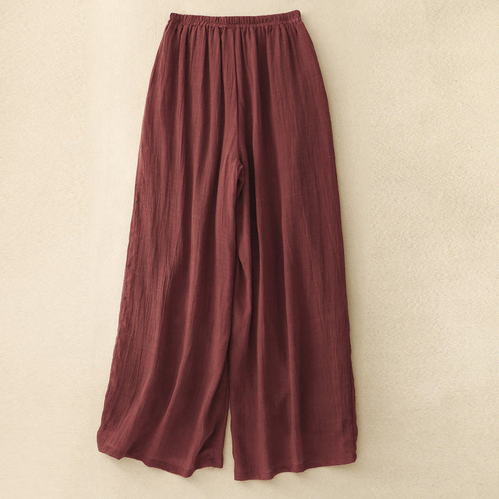 Pantaloni da donna a gamba larga in cotone e lino a doppio strato con coulisse, colore puro, Buddha Stones Spring, con tasche