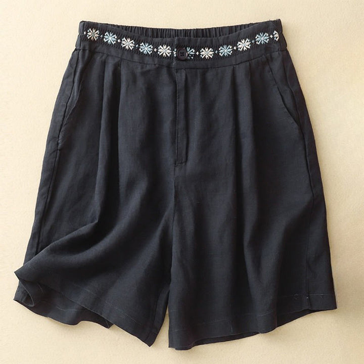 Buddha Stones Summer Casual Ricamo Fiore Pieghettato Cerniera Bottone Cotone Lino Pantaloncini da Donna con Tasche - Nero - US8-10, UK/AU12-14, EU40-42 (2XL) - image 17