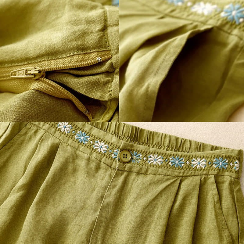 Pantaloncini da donna estivi casual con ricami floreali, pieghe, cerniera e bottoni, in poliestere, con motivo Buddha Stones. - image 7