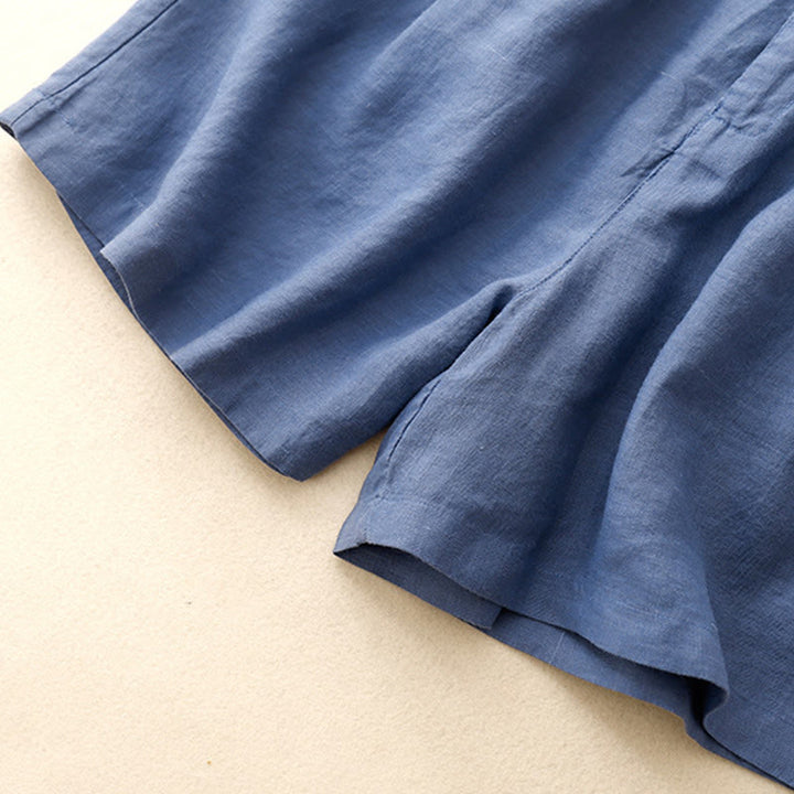 Buddha Stones Summer Casual Ricamo Fiore Pieghettato Cerniera Bottone Cotone Lino Pantaloncini da Donna con Tasche - image 1