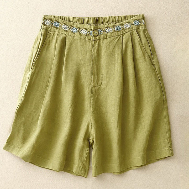 Pantaloncini da donna estivi casual con ricami floreali, pieghe, cerniera e bottoni, in poliestere, con motivo Buddha Stones. - GialloVerde - US8-10, UK/AU12-14, EU40-42 (2XL) - image 4