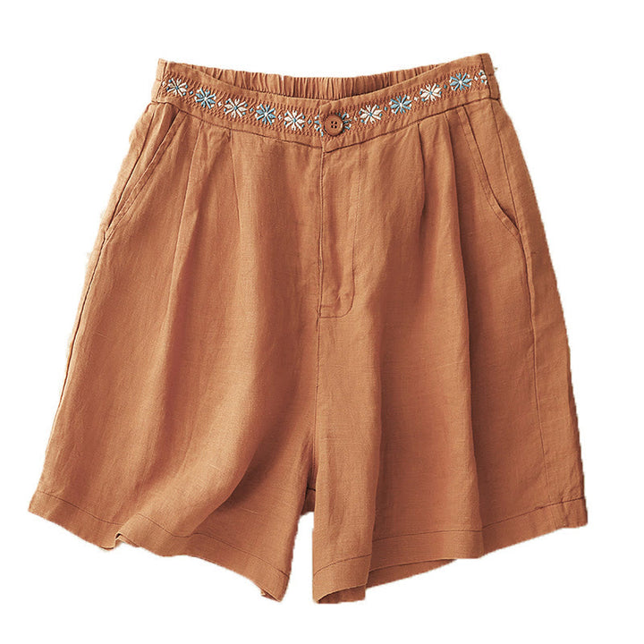 Buddha Stones Summer Casual Ricamo Fiore Pieghettato Cerniera Bottone Cotone Lino Pantaloncini da Donna con Tasche - image 16