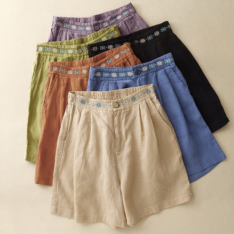 Buddha Stones Summer Casual Ricamo Fiore Pieghettato Cerniera Bottone Cotone Lino Pantaloncini da Donna con Tasche - image 27