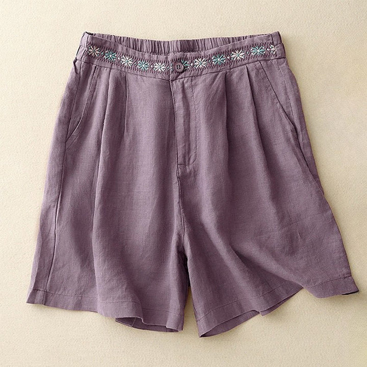 Buddha Stones Summer Casual Ricamo Fiore Pieghettato Cerniera Bottone Cotone Lino Pantaloncini da Donna con Tasche - Viola medio - US8-10, UK/AU12-14, EU40-42 (2XL) - image 8