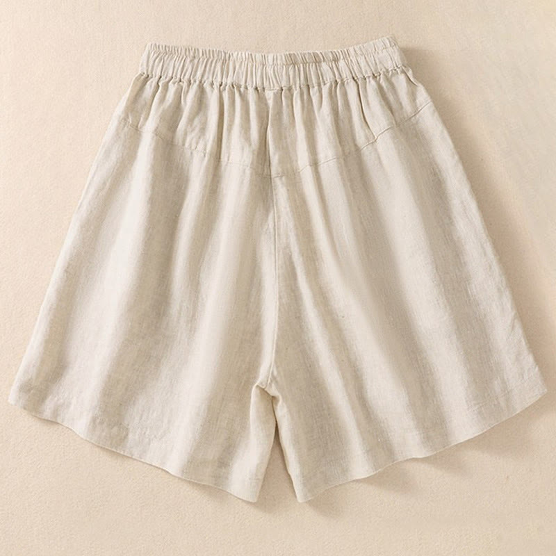 Pantaloncini da donna in cotone e lino con coulisse, motivo floreale ricamato Buddha Stones , casual, con tasche - image 10