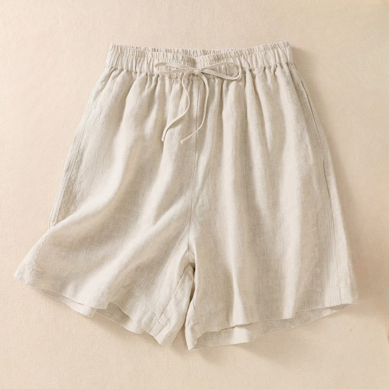 Pantaloncini da donna in cotone e lino con coulisse, motivo floreale ricamato Buddha Stones , casual, con tasche - Beige - US8-10, UK/AU12-14, EU40-42 (2XL) - image 9