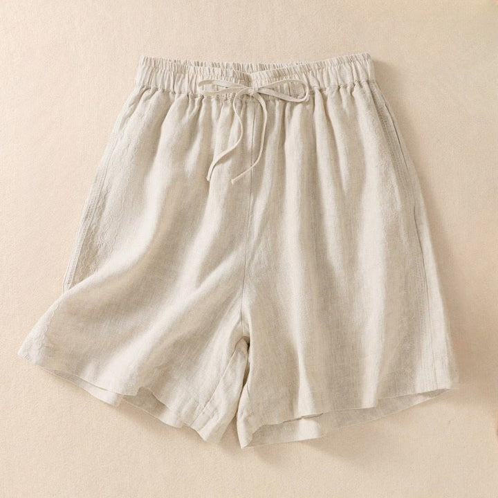Pantaloncini da donna in cotone e lino con coulisse, motivo floreale ricamato Buddha Stones , casual, con tasche - Beige - US8-10, UK/AU12-14, EU40-42 (2XL) - image 9