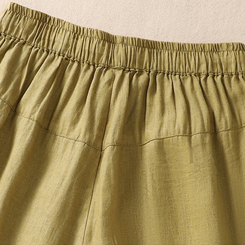 Pantaloncini da donna in cotone e lino con coulisse, motivo floreale ricamato Buddha Stones , casual, con tasche - image 18