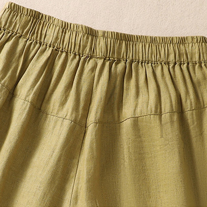 Pantaloncini da donna in cotone e lino con coulisse, motivo floreale ricamato Buddha Stones , casual, con tasche - image 18