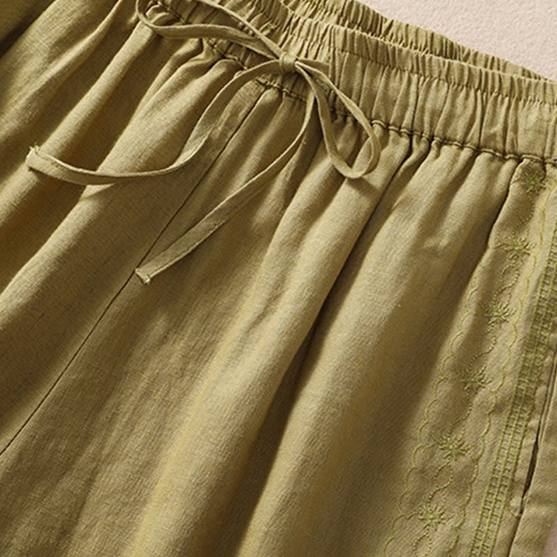 Pantaloncini da donna in cotone e lino con coulisse, motivo floreale ricamato Buddha Stones , casual, con tasche - image 17