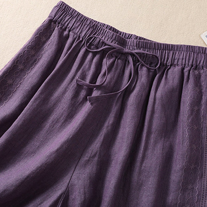 Pantaloncini da donna in cotone e lino con coulisse, motivo floreale ricamato Buddha Stones , casual, con tasche - image 2