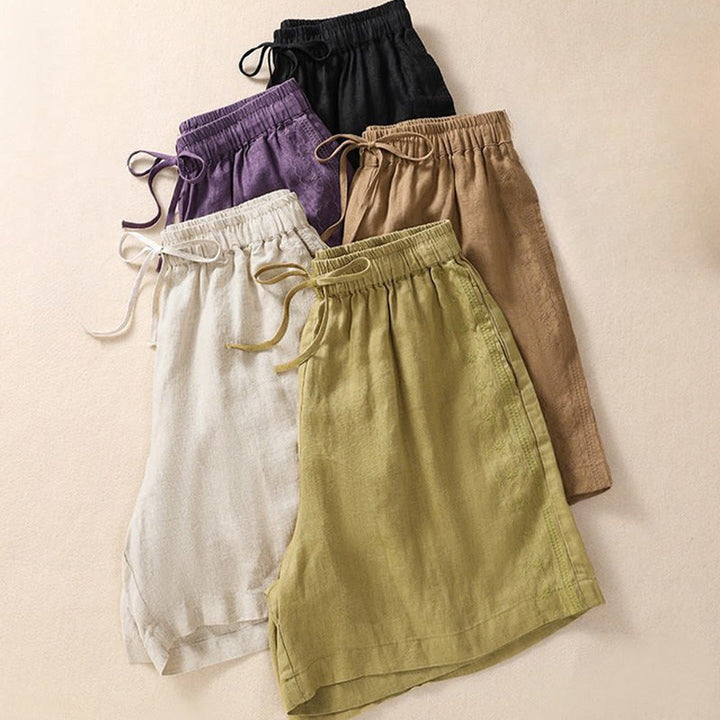 Pantaloncini da donna in cotone e lino con coulisse, motivo floreale ricamato Buddha Stones , casual, con tasche - image 21