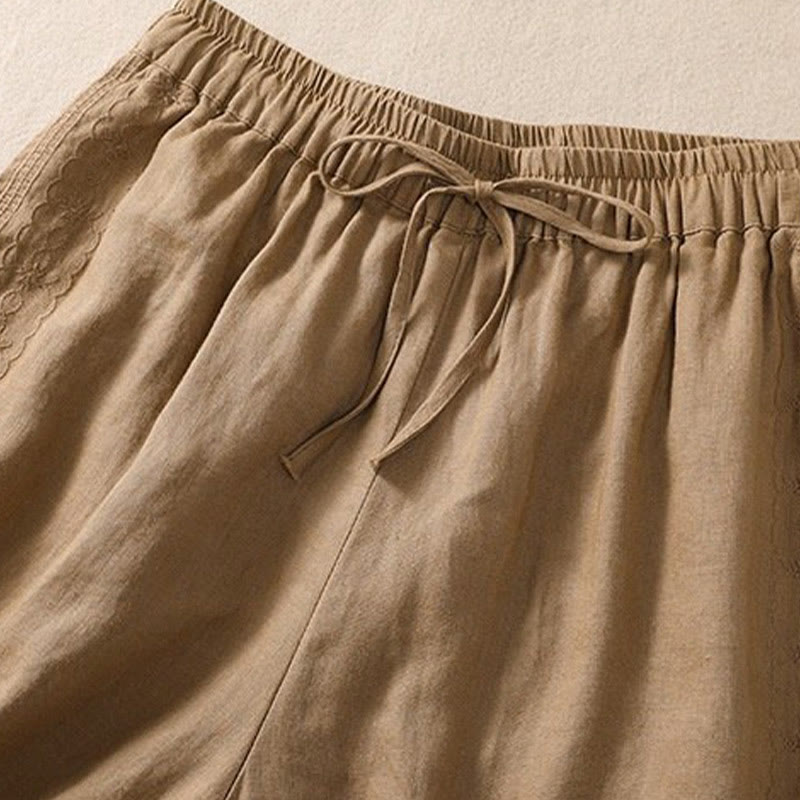 Pantaloncini da donna in cotone e lino con coulisse, motivo floreale ricamato Buddha Stones , casual, con tasche - image 8