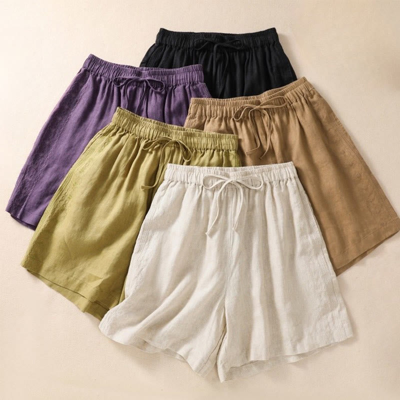 Pantaloncini da donna in cotone e lino con coulisse, motivo floreale ricamato Buddha Stones , casual, con tasche - image 20