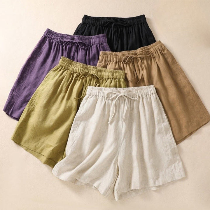 Pantaloncini da donna in cotone e lino con coulisse, motivo floreale ricamato Buddha Stones , casual, con tasche - image 20