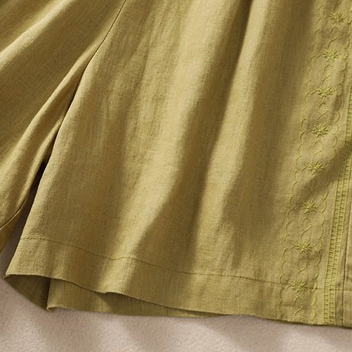 Pantaloncini da donna in cotone e lino con coulisse, motivo floreale ricamato Buddha Stones , casual, con tasche - image 19