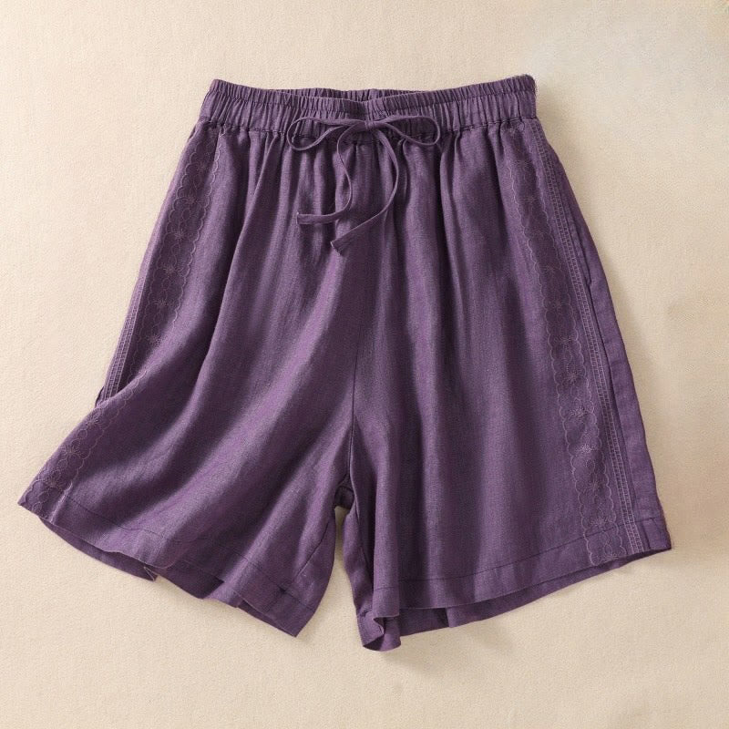 Pantaloncini da donna in cotone e lino con coulisse, motivo floreale ricamato Buddha Stones , casual, con tasche - Magenta scuro - US8-10, UK/AU12-14, EU40-42 (2XL) - image 0